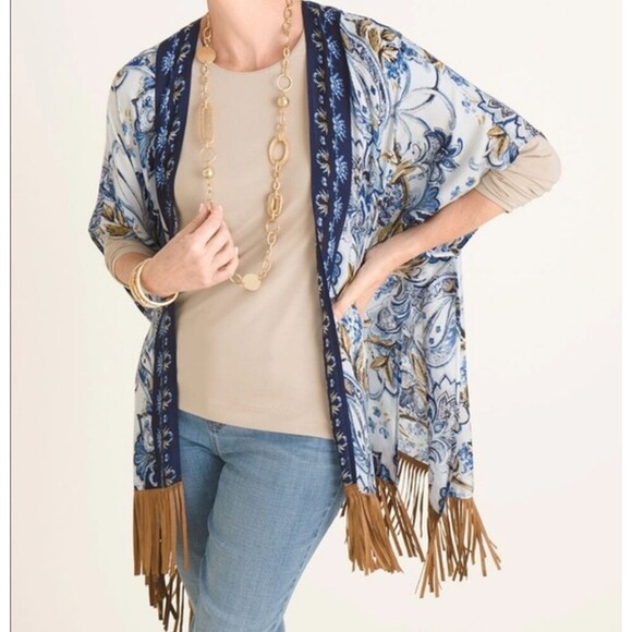Chico's Printed Suede Fringe Ruana Kimono Cardigan Multicolor S/M NEW - Picture 2 of 10